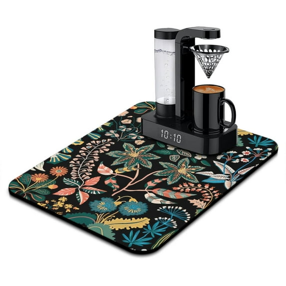 Washable Rubber Multicolored Flower Leaves Dish Drying Mats for Kitchen Counter Home Large Coffee Bar Pad Accessories and Decor for Utensils Stemware 18''x24''