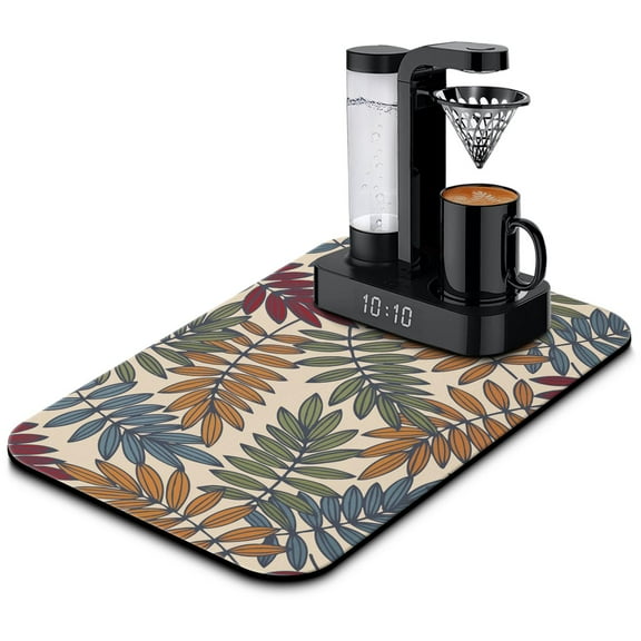 Washable Rubber Multicolored Leaves Tropical Botanical Dish Drying Mats for Kitchen Counter Home Large Coffee Bar Pad Accessories and Decor for Utensils Stemware 23.5''x15.5''