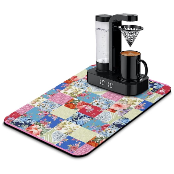 Washable Rubber Pioneer Bohemian Stitching Colorful Floral Dish Drying Mats for Kitchen Counter Home Large Coffee Bar Pad Accessories and Decor for Utensils Stemware 23.5''x15.5''