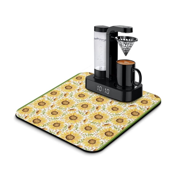 Washable Rubber Sunflower Cute Floral Dish Drying Mats for Kitchen Counter Home Large Coffee Bar Pad Accessories and Decor for Utensils Stemware 16''x18''