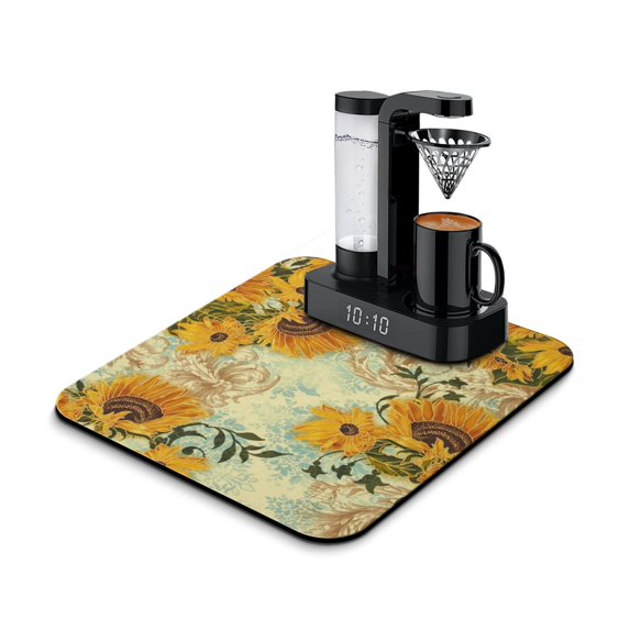 Washable Rubber Sunflower Cute Floral Dish Drying Mats for Kitchen Counter Home Large Coffee Bar Pad Accessories and Decor for Utensils Stemware 16''x18''