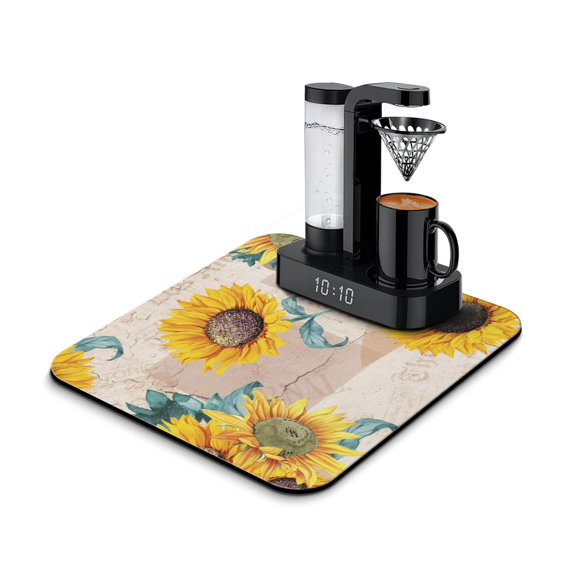 Washable Rubber Sunflower Cute Floral Dish Drying Mats for Kitchen Counter Home Large Coffee Bar Pad Accessories and Decor for Utensils Stemware 16''x18''