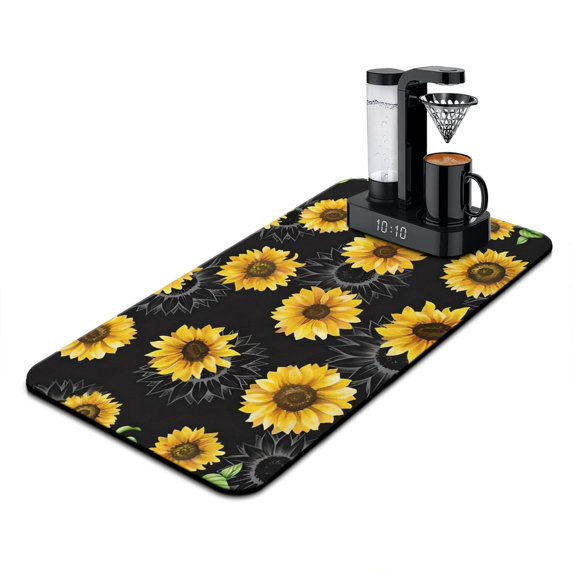 Washable Rubber Sunflower Cute Floral Dish Drying Mats for Kitchen Counter Home Large Coffee Bar Pad Accessories and Decor for Utensils Stemware 17''x31.5''