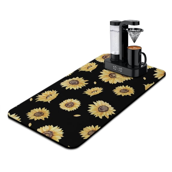 Washable Rubber Sunflower Cute Floral Dish Drying Mats for Kitchen Counter Home Large Coffee Bar Pad Accessories and Decor for Utensils Stemware 17''x31.5''