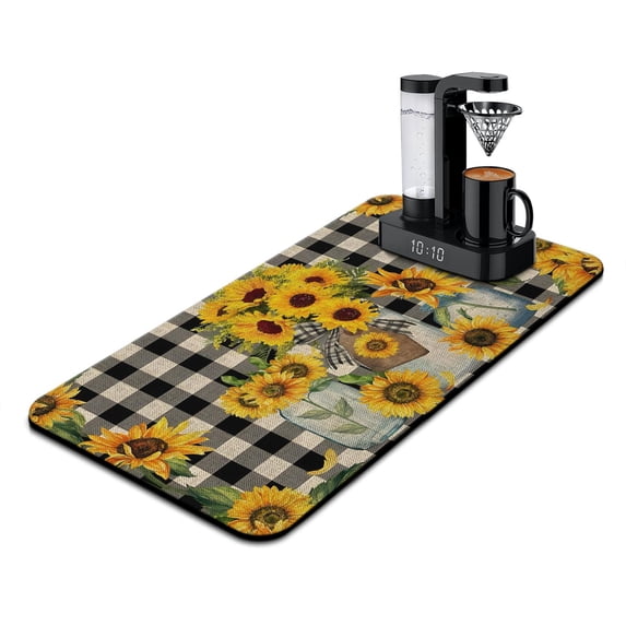 Washable Rubber Sunflower Cute Floral Dish Drying Mats for Kitchen Counter Home Large Coffee Bar Pad Accessories and Decor for Utensils Stemware 17''x31.5''