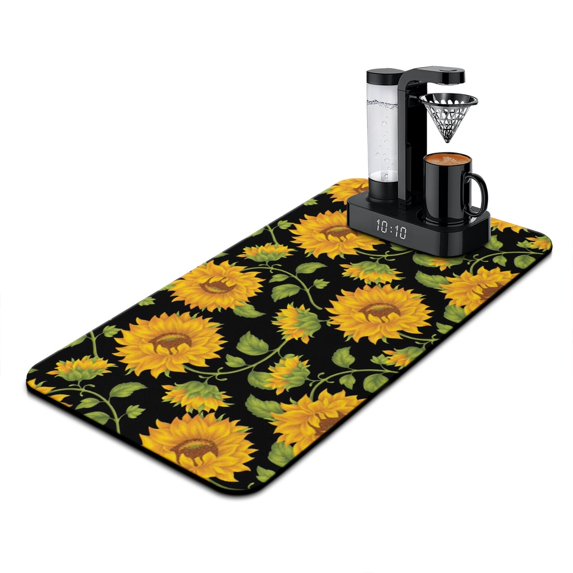 Washable Rubber Sunflower Cute Floral Dish Drying Mats for Kitchen Counter Home Large Coffee Bar Pad Accessories and Decor for Utensils Stemware 17''x31.5''