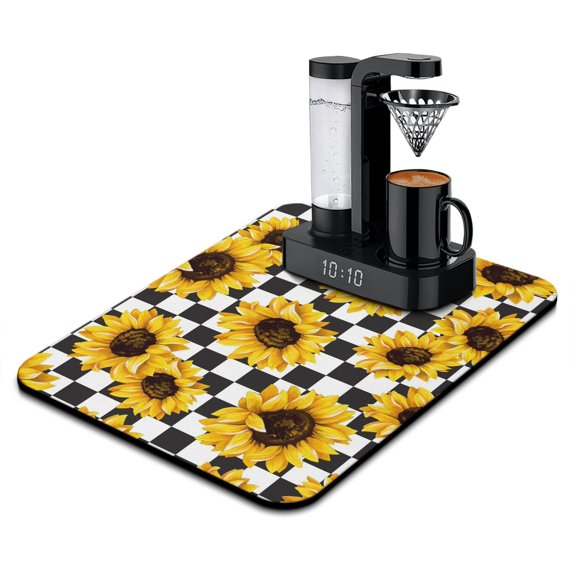 Washable Rubber Sunflower Cute Floral Dish Drying Mats for Kitchen Counter Home Large Coffee Bar Pad Accessories and Decor for Utensils Stemware 18''x24''