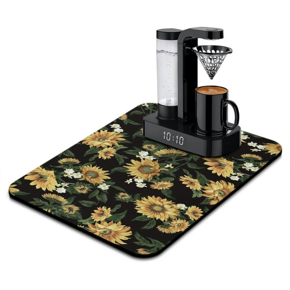 Washable Rubber Sunflower Cute Floral Dish Drying Mats for Kitchen Counter Home Large Coffee Bar Pad Accessories and Decor for Utensils Stemware 18''x24''