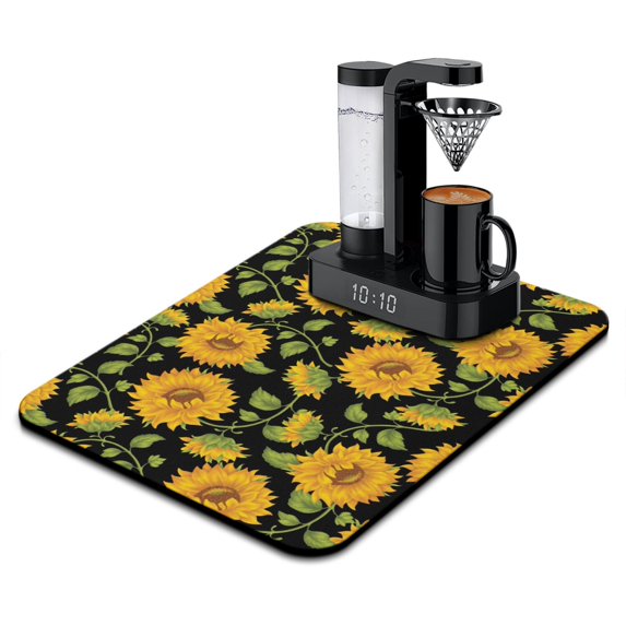 Washable Rubber Sunflower Cute Floral Dish Drying Mats for Kitchen Counter Home Large Coffee Bar Pad Accessories and Decor for Utensils Stemware 18''x24''