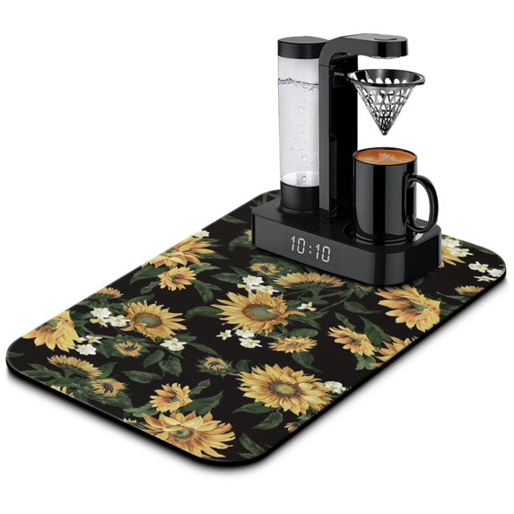 Washable Rubber Sunflower Cute Floral Dish Drying Mats for Kitchen Counter Home Large Coffee Bar Pad Accessories and Decor for Utensils Stemware 19.5''x12''
