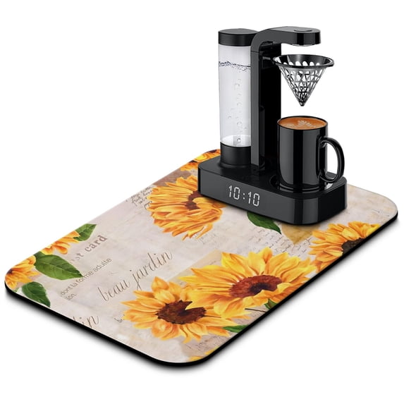 Washable Rubber Sunflower Cute Floral Dish Drying Mats for Kitchen Counter Home Large Coffee Bar Pad Accessories and Decor for Utensils Stemware 19.5''x12''