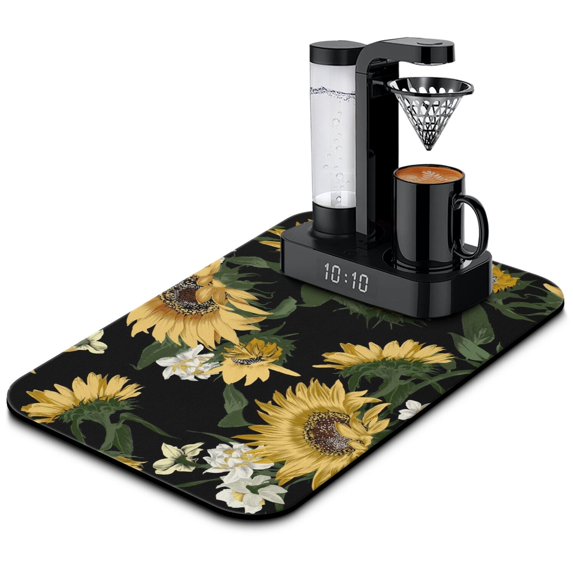 Washable Rubber Sunflower Cute Floral Dish Drying Mats for Kitchen Counter Home Large Coffee Bar Pad Accessories and Decor for Utensils Stemware 19.5''x12''
