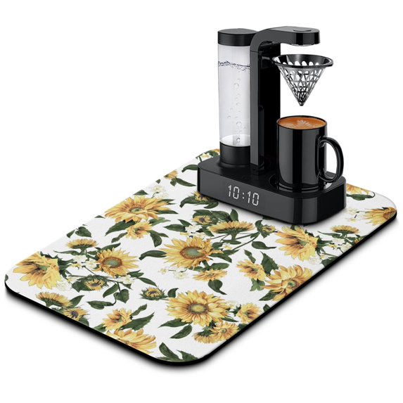 Washable Rubber Sunflower Cute Floral Dish Drying Mats for Kitchen Counter Home Large Coffee Bar Pad Accessories and Decor for Utensils Stemware 19.5''x12''