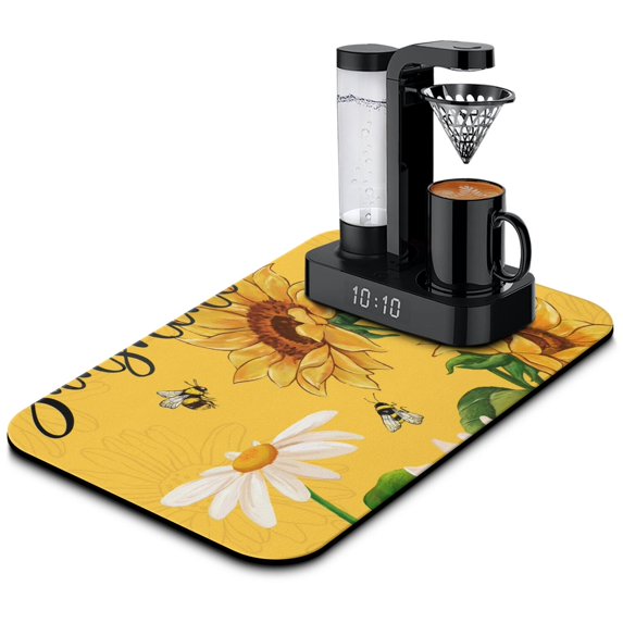 Washable Rubber Sunflower Cute Floral Dish Drying Mats for Kitchen Counter Home Large Coffee Bar Pad Accessories and Decor for Utensils Stemware 19.5''x12''