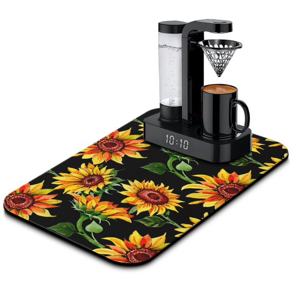 Washable Rubber Sunflower Cute Floral Dish Drying Mats for Kitchen Counter Home Large Coffee Bar Pad Accessories and Decor for Utensils Stemware 19.5''x12''