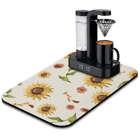 Washable Rubber Sunflower Cute Floral Dish Drying Mats for Kitchen Counter Home Large Coffee Bar Pad Accessories and Decor for Utensils Stemware 19.5''x12''