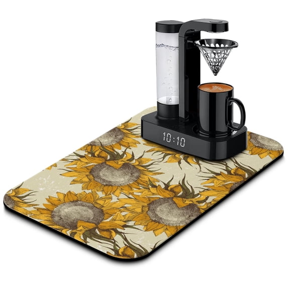 Washable Rubber Sunflower Cute Floral Dish Drying Mats for Kitchen Counter Home Large Coffee Bar Pad Accessories and Decor for Utensils Stemware 19.5''x12''