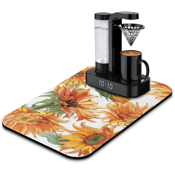 Washable Rubber Sunflower Cute Floral Dish Drying Mats for Kitchen Counter Home Large Coffee Bar Pad Accessories and Decor for Utensils Stemware 19.5''x12''