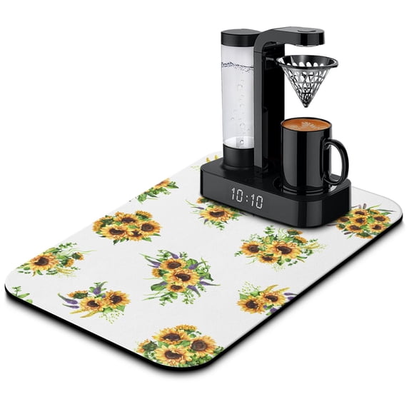 Washable Rubber Sunflower Cute Floral Dish Drying Mats for Kitchen Counter Home Large Coffee Bar Pad Accessories and Decor for Utensils Stemware 19.5''x12''