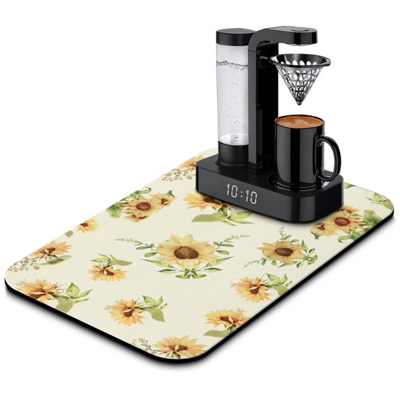 Washable Rubber Sunflower Cute Floral Dish Drying Mats for Kitchen Counter Home Large Coffee Bar Pad Accessories and Decor for Utensils Stemware 19.5''x12''