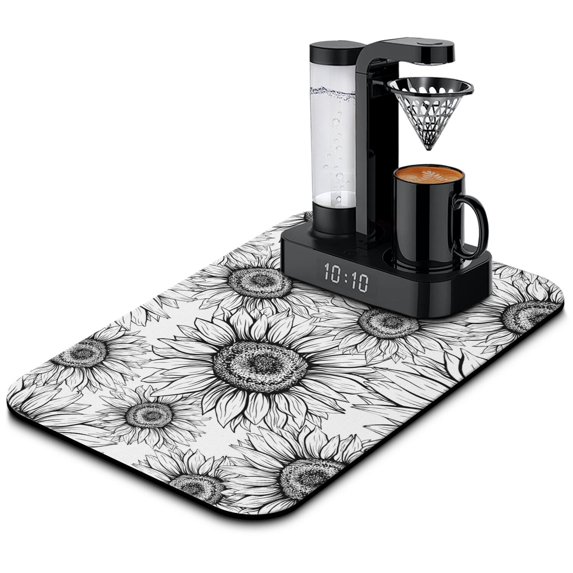 Washable Rubber Sunflower Cute Floral Dish Drying Mats for Kitchen Counter Home Large Coffee Bar Pad Accessories and Decor for Utensils Stemware 19.5''x12''