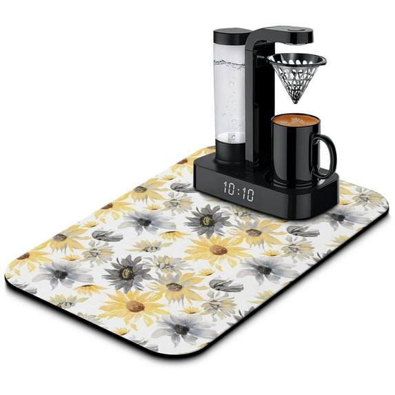 Washable Rubber Sunflower Cute Floral Dish Drying Mats for Kitchen Counter Home Large Coffee Bar Pad Accessories and Decor for Utensils Stemware 19.5''x12''