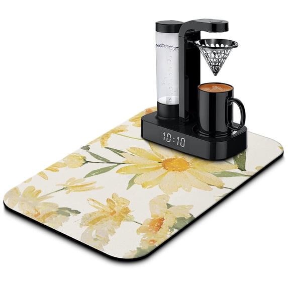 Washable Rubber Sunflower Cute Floral Dish Drying Mats for Kitchen Counter Home Large Coffee Bar Pad Accessories and Decor for Utensils Stemware 19.5''x12''