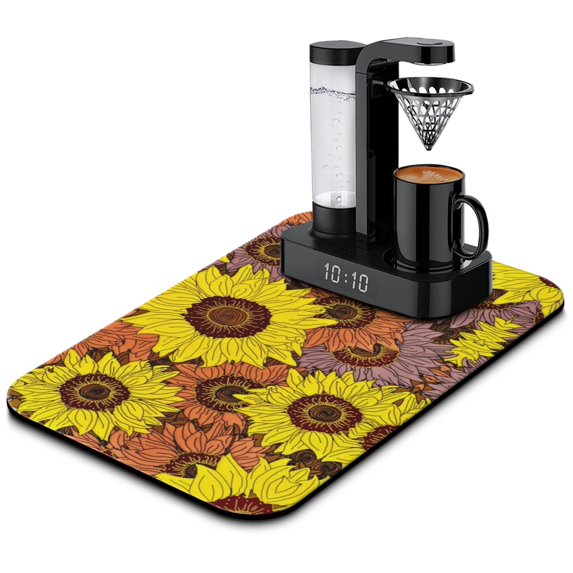 Washable Rubber Sunflower Cute Floral Dish Drying Mats for Kitchen Counter Home Large Coffee Bar Pad Accessories and Decor for Utensils Stemware 19.5''x12''