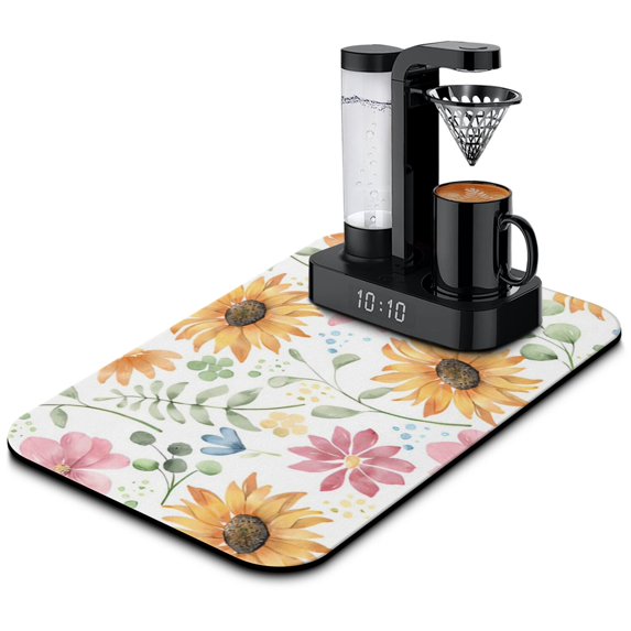 Washable Rubber Sunflower Cute Floral Dish Drying Mats for Kitchen Counter Home Large Coffee Bar Pad Accessories and Decor for Utensils Stemware 19.5''x12''