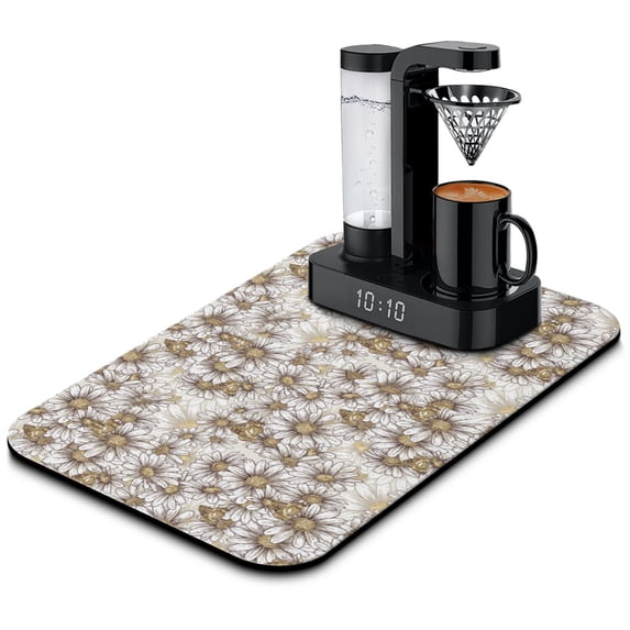 Washable Rubber Sunflower Cute Floral Dish Drying Mats for Kitchen Counter Home Large Coffee Bar Pad Accessories and Decor for Utensils Stemware 19.5''x12''
