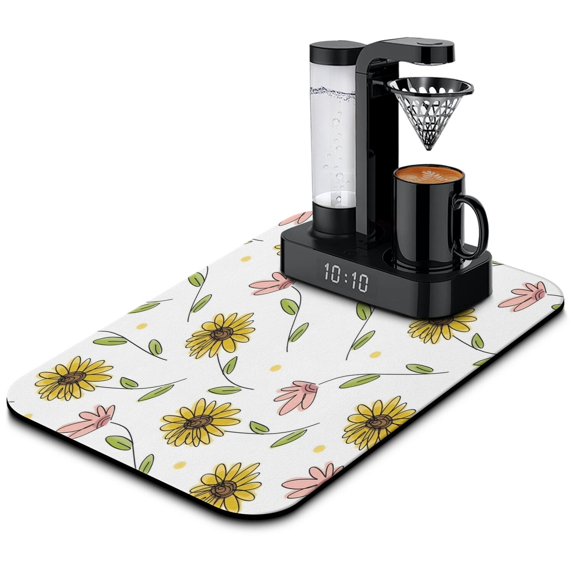 Washable Rubber Sunflower Cute Floral Dish Drying Mats for Kitchen Counter Home Large Coffee Bar Pad Accessories and Decor for Utensils Stemware 19.5''x12''
