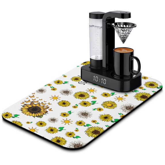 Washable Rubber Sunflower Cute Floral Dish Drying Mats for Kitchen Counter Home Large Coffee Bar Pad Accessories and Decor for Utensils Stemware 19.5''x12''