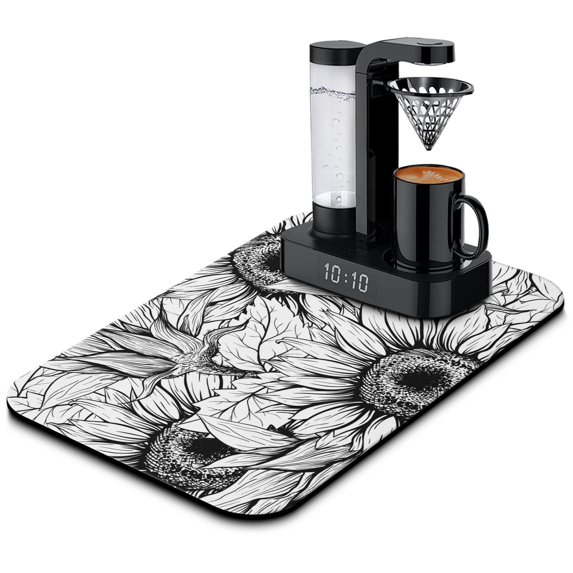 Washable Rubber Sunflower Cute Floral Dish Drying Mats for Kitchen Counter Home Large Coffee Bar Pad Accessories and Decor for Utensils Stemware 19.5''x12''