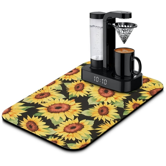 Washable Rubber Sunflower Cute Floral Dish Drying Mats for Kitchen Counter Home Large Coffee Bar Pad Accessories and Decor for Utensils Stemware 19.5''x12''
