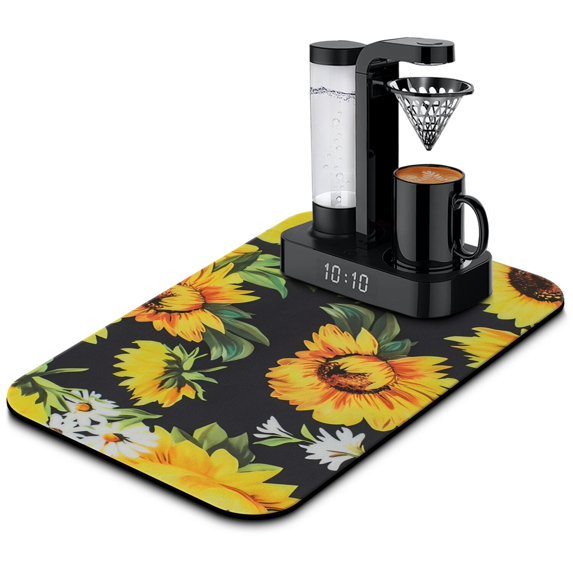 Washable Rubber Sunflower Cute Floral Dish Drying Mats for Kitchen Counter Home Large Coffee Bar Pad Accessories and Decor for Utensils Stemware 19.5''x12''