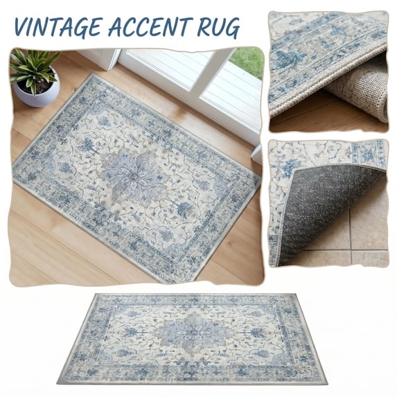 Washable Rug, 35.4x23.6 Inch Small Boho Rug,Ultra Soft Rugs for Entryway, Non-Slip Entry Rugs Oriental Low-Pile Indoor Mat Floor Carpet for Entrance Bedroom Kitchen Bathroom Foyer Decor