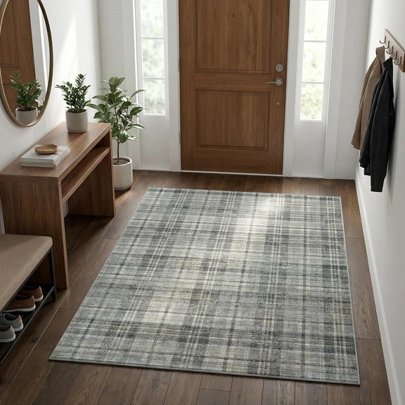 Washable Rug 4x6 Plaid Rugs for Bedroom Vintage Non-Shedding Neutral Floor Mat Indoor Soft Non Slip Carpet Low Pile Foldable Thin Rugs for Living Room Dining Nursery Office Grayish Green