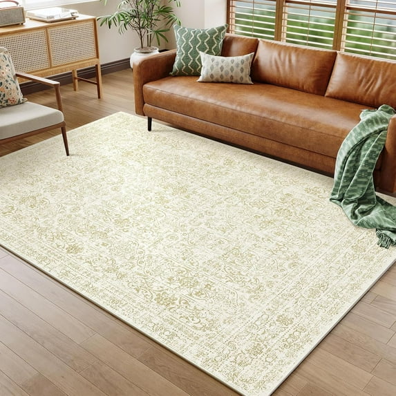 Washable Rug 5x7 Area Rug for Living Room Vintage Non Slip Throw Rugs Floral Bedroom Rugs Low Pile Soft Non Shedding Stain Resistant Carpet for Dining Room Nursery 5'x7' Cream
