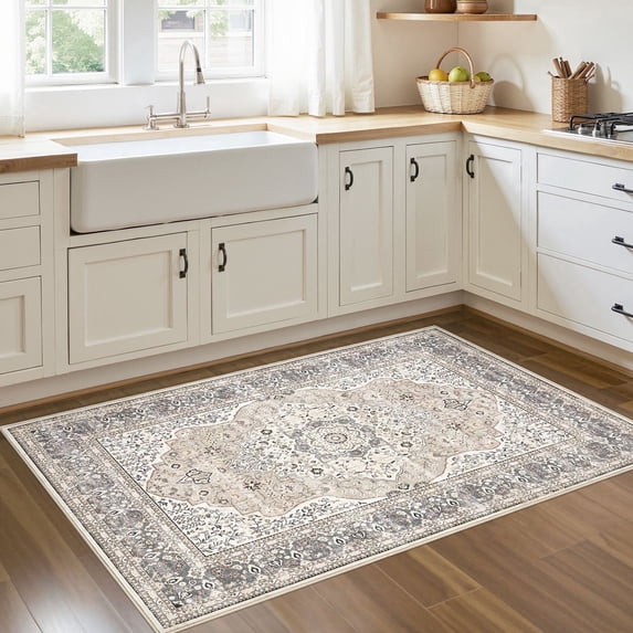 UERMEI 3'x5' Washable Area Rugs for Living Room, Vintage Floral Boho Printed Carpet, Non Slip Indoor Rug for Bedroom Home Decor Carpets - Camel