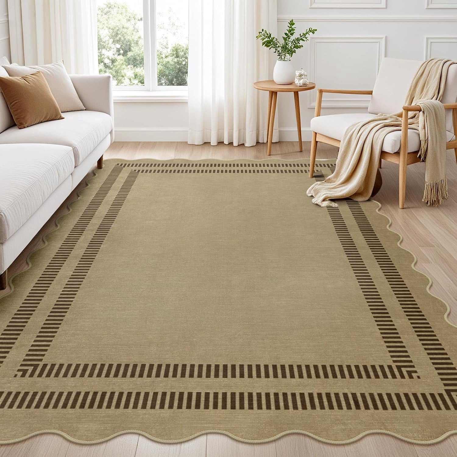 Washable Rug 5x7 Area Rugs for Living Room, Solid Brown Rug Non Slip Scalloped Throw Mat with Rubber Back, Soft Low Pile Carpet for Dining Room Bedroom Dorm Nursery