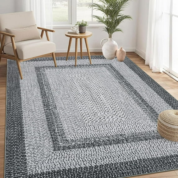 Washable Rug 5x7 Boho Accent Rug Modern Geometric Floor Carpet Indoor Throw Floor Cover Braided Print Non Slip Farmhouse Area Rug Rustic Bohemian Carpet for Living Room Bedroom, Grey