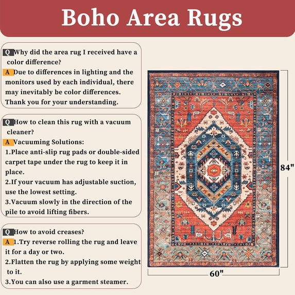 Washable Rug 5x7 Boho Area Rugs - Rust/Multi