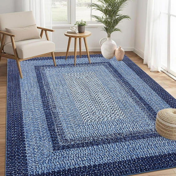 Washable Rug 5x7 Boho Rug Modern Geometric Floor Carpet Indoor Throw Floor Cover Braided Print Dining Room Rugs Non Slip Farmhouse Rug Rustic Bohemian Carpet for Living Room Bedroom, Navy