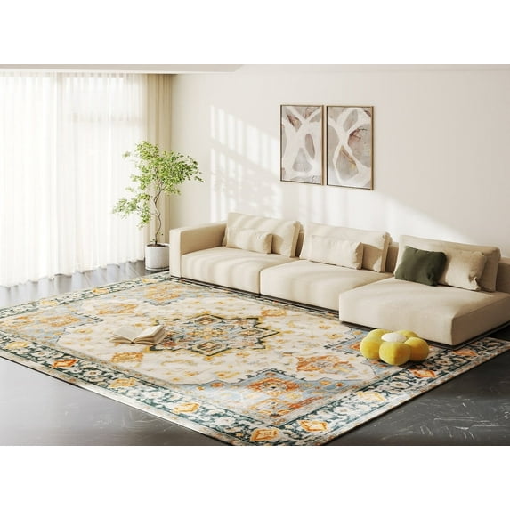 Washable Rug 5x7 - Ultra-Thin Antique Collection Area Rug, Stain Resistant Rugs For Living Room Bedroom, Distressed Rug(Orange And Blue, 5'X7')