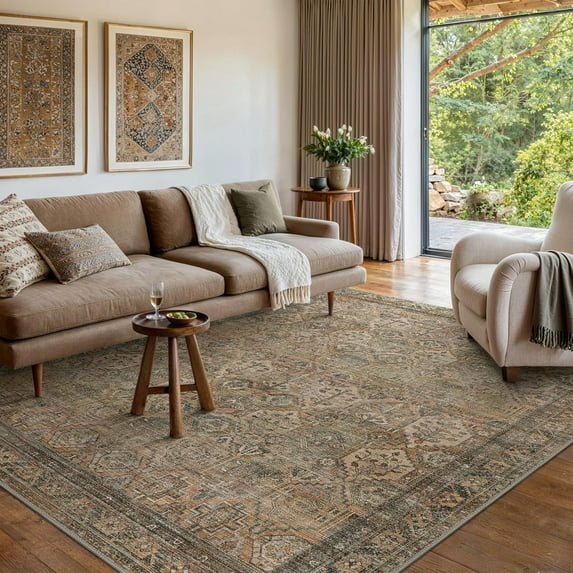 Washable Rug 8x10 Area Rug for Living Room Bedroom Dining, Washable Vintage Print Carpet, Ultra-Thin Chenille Low Pile Lightweight Rug with Non Slip Backing, Warm Taupe