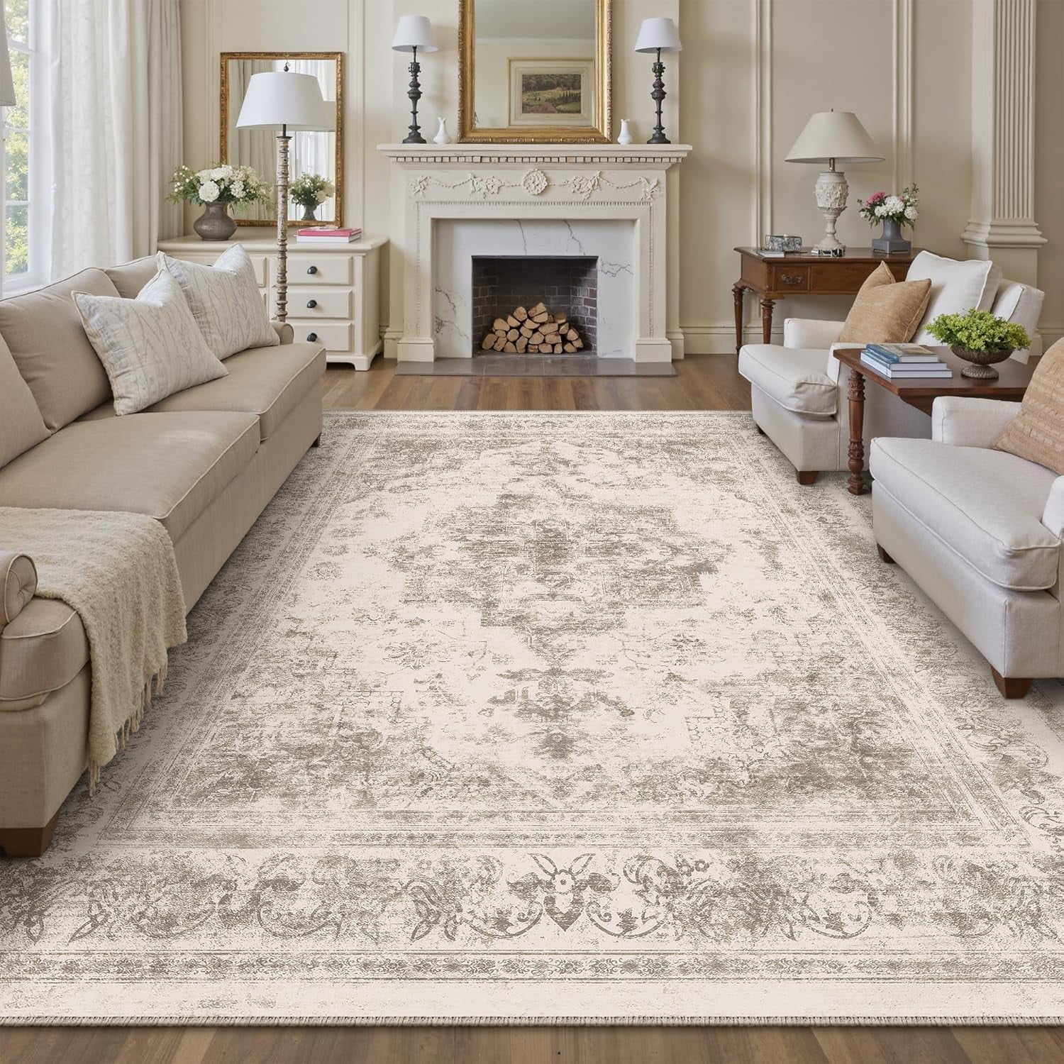 Washable Rug 8x10 Area Rug for Living Room Taupe Vintage Boho Medallion Large Distressed Retro Carpet Non Slip Indoor Low Pile Small Soft Bedroom Dining Room Home Office