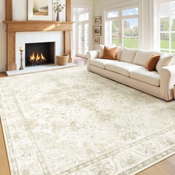Washable Rug 8x10 Area Rugs: Large Vintage Floral Soft Rug Non Slip Low Pile Stain Resistant Carpet for Living Room Bedroom Dining Room Office Playroom Beige 8'x10'