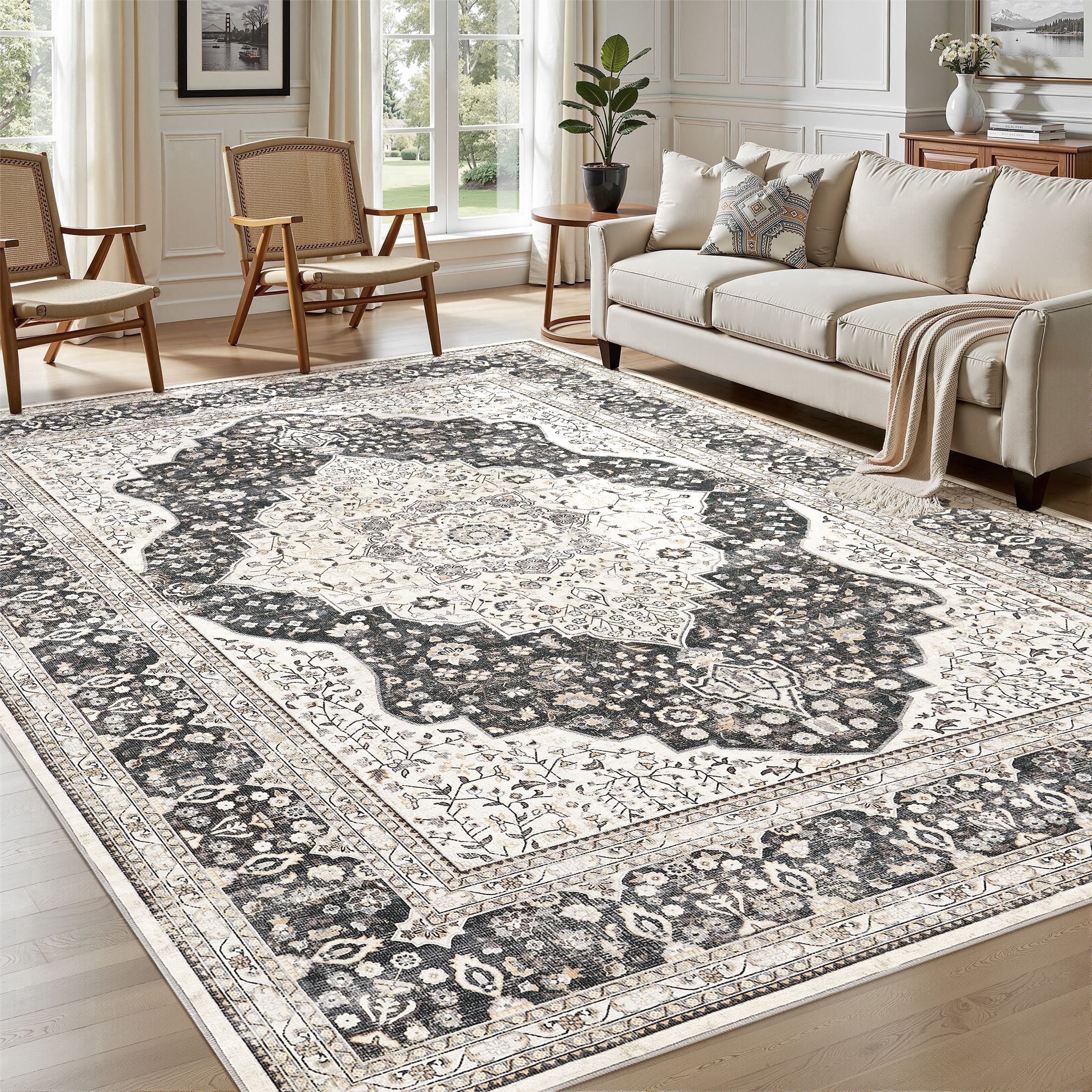 UERMEI 10'x14' Washable Area Rugs for Living Room, Vintage Floral Boho Printed Carpet, Non Slip Indoor Rug for Bedroom Home Decor Carpets - Black