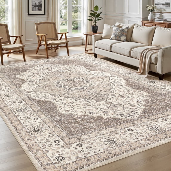 UERMEI 8'x10' Washable Area Rugs for Living Room, Vintage Floral Boho Printed Carpet, Non Slip Indoor Rug for Bedroom Home Decor Carpets - Brown