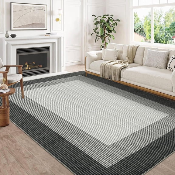 Washable Rug 8x10 Living Room Rug, Modern Neutral Bordered Rug for Dining Room Solid Non Slip Low Pile Pet Friendly Large Carpet for Farmhouse Apartment Bedroom Dorm Grey